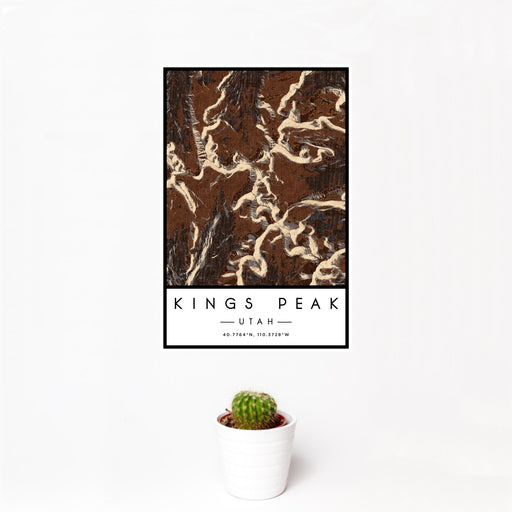 12x18 Kings Peak Utah Map Print Portrait Orientation in Ember Style With Small Cactus Plant in White Planter