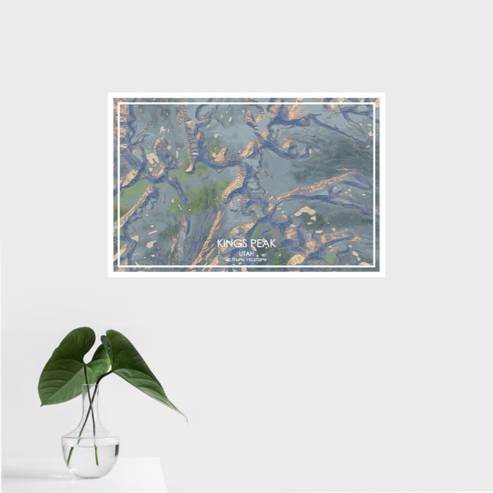 16x24 Kings Peak Utah Map Print Landscape Orientation in Afternoon Style With Tropical Plant Leaves in Water