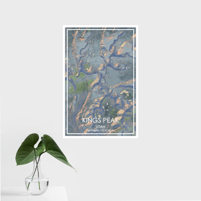 16x24 Kings Peak Utah Map Print Portrait Orientation in Afternoon Style With Tropical Plant Leaves in Water