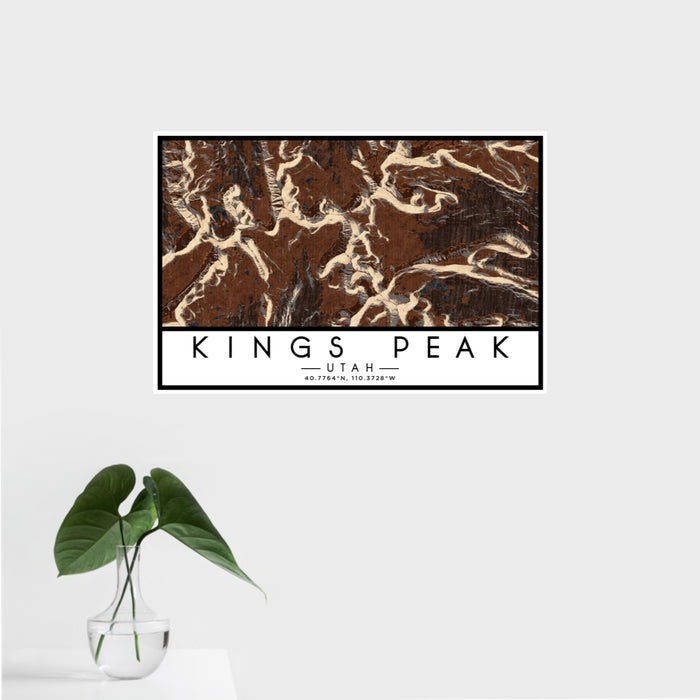 16x24 Kings Peak Utah Map Print Landscape Orientation in Ember Style With Tropical Plant Leaves in Water