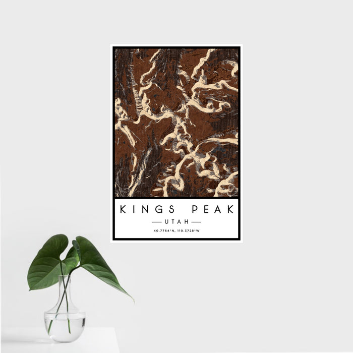 16x24 Kings Peak Utah Map Print Portrait Orientation in Ember Style With Tropical Plant Leaves in Water