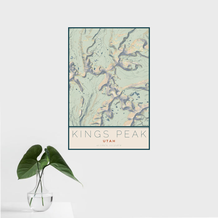 16x24 Kings Peak Utah Map Print Portrait Orientation in Woodblock Style With Tropical Plant Leaves in Water