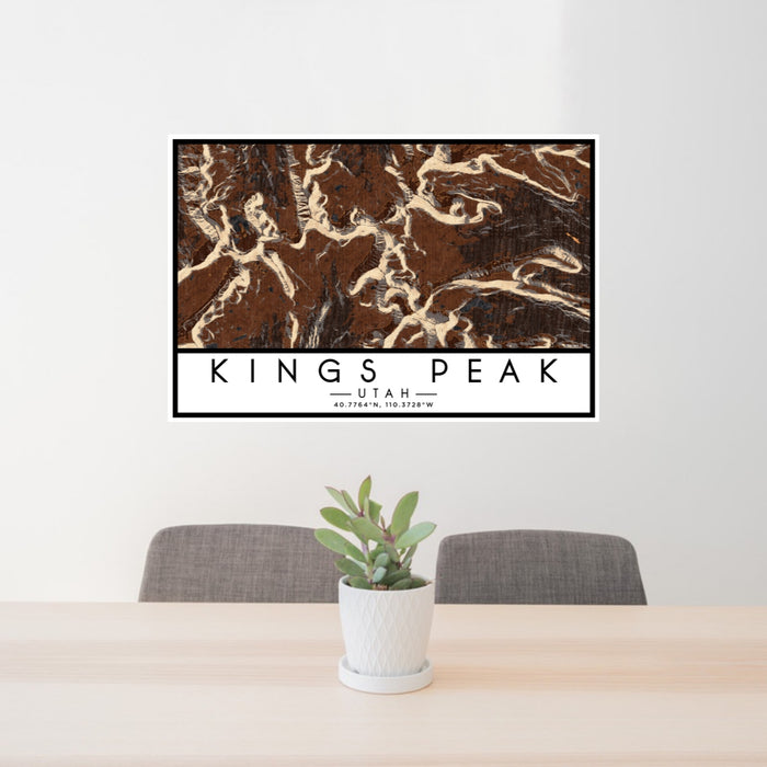 24x36 Kings Peak Utah Map Print Lanscape Orientation in Ember Style Behind 2 Chairs Table and Potted Plant