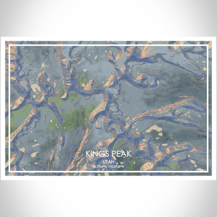 Kings Peak Utah Map Print Landscape Orientation in Afternoon Style With Shaded Background