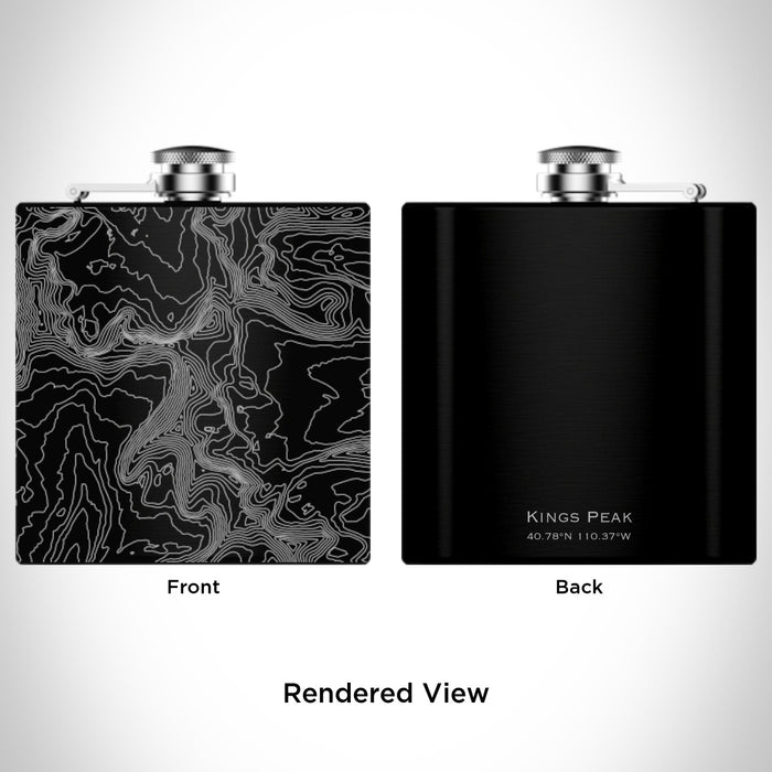 Rendered View of Kings Peak Utah Map Engraving on 6oz Stainless Steel Flask in Black