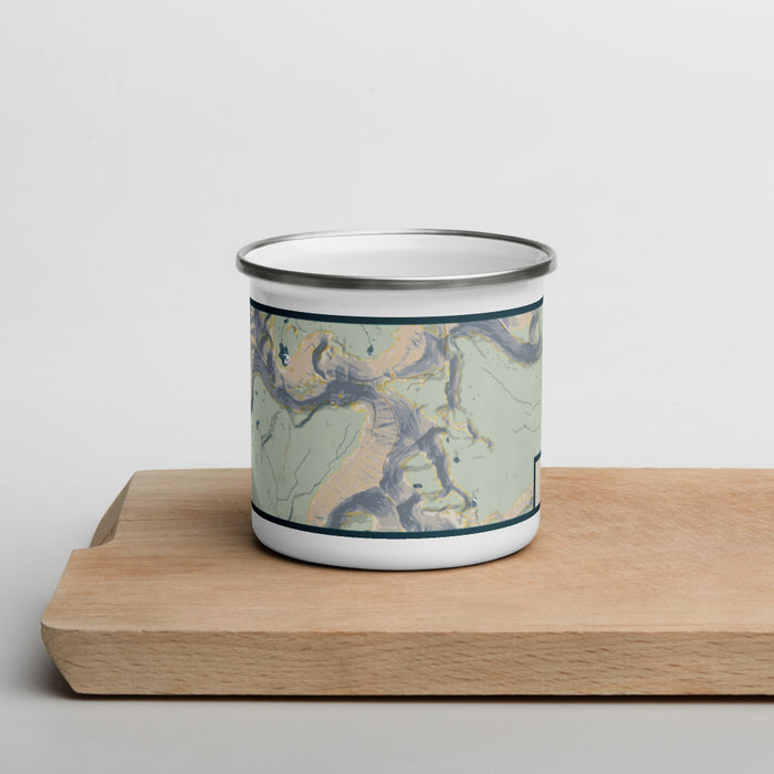 Front View Custom Kings Peak Utah Map Enamel Mug in Woodblock on Cutting Board