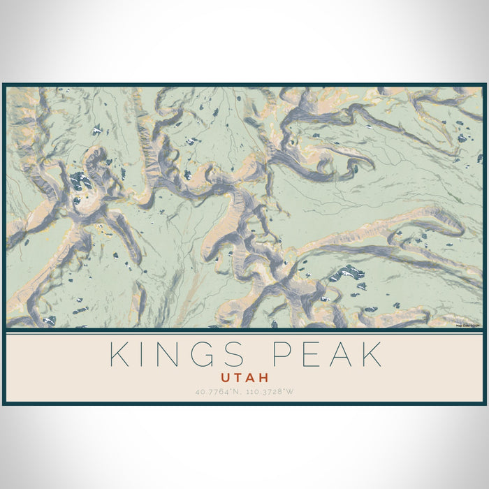 Kings Peak Utah Map Print Landscape Orientation in Woodblock Style With Shaded Background