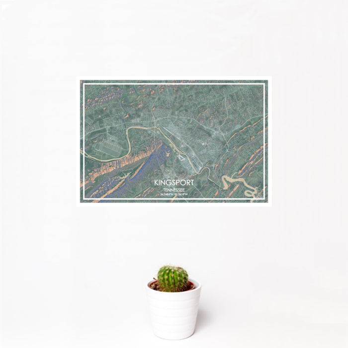 12x18 Kingsport Tennessee Map Print Landscape Orientation in Afternoon Style With Small Cactus Plant in White Planter