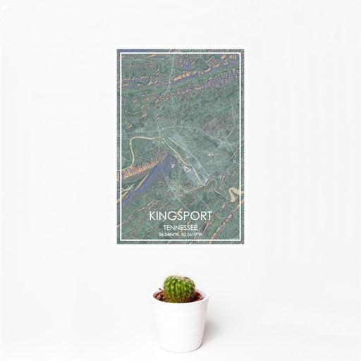 12x18 Kingsport Tennessee Map Print Portrait Orientation in Afternoon Style With Small Cactus Plant in White Planter