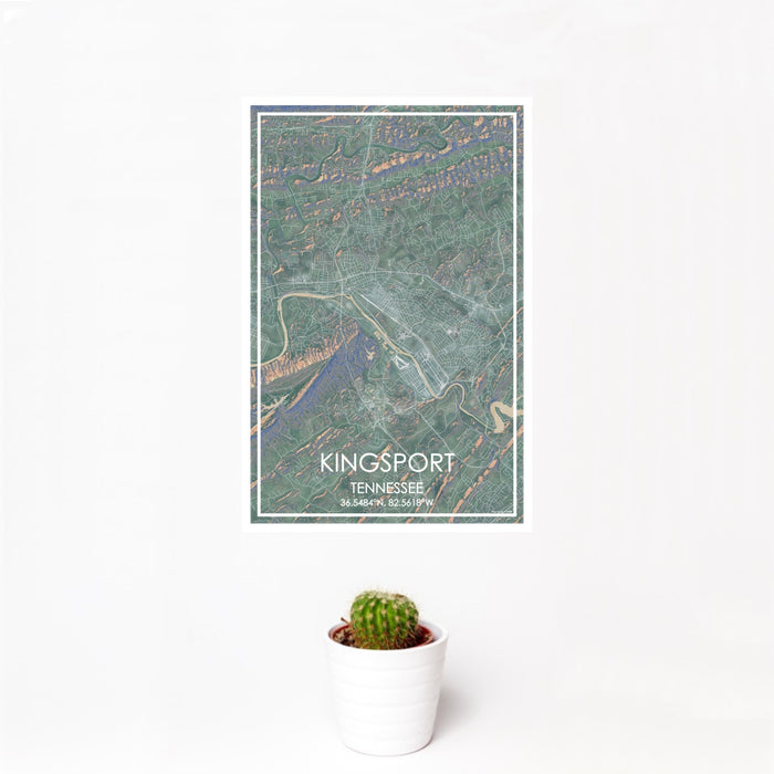 12x18 Kingsport Tennessee Map Print Portrait Orientation in Afternoon Style With Small Cactus Plant in White Planter