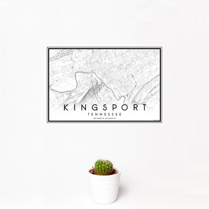12x18 Kingsport Tennessee Map Print Landscape Orientation in Classic Style With Small Cactus Plant in White Planter