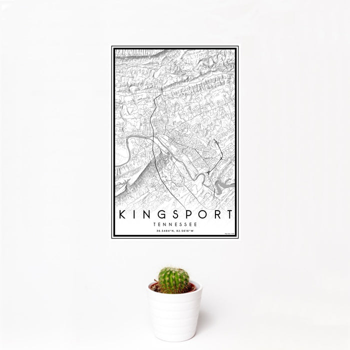 12x18 Kingsport Tennessee Map Print Portrait Orientation in Classic Style With Small Cactus Plant in White Planter
