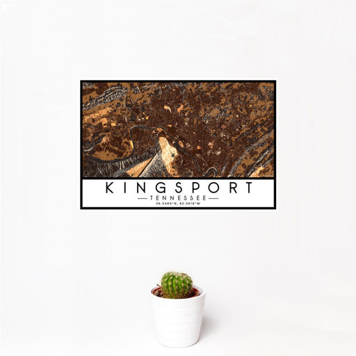 12x18 Kingsport Tennessee Map Print Landscape Orientation in Ember Style With Small Cactus Plant in White Planter