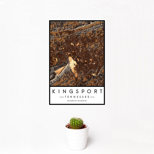12x18 Kingsport Tennessee Map Print Portrait Orientation in Ember Style With Small Cactus Plant in White Planter