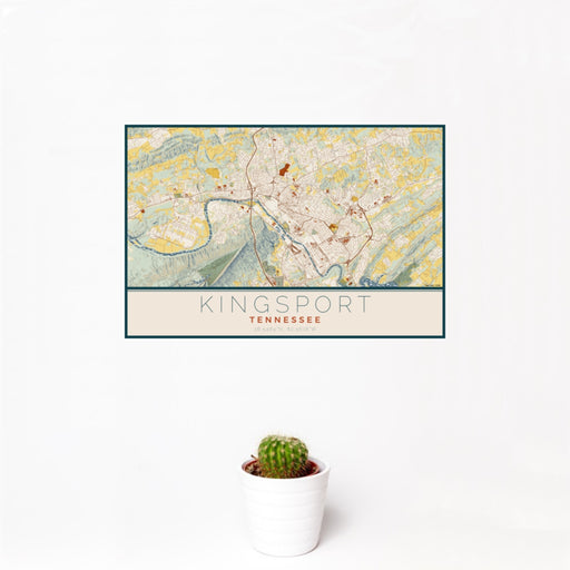 12x18 Kingsport Tennessee Map Print Landscape Orientation in Woodblock Style With Small Cactus Plant in White Planter