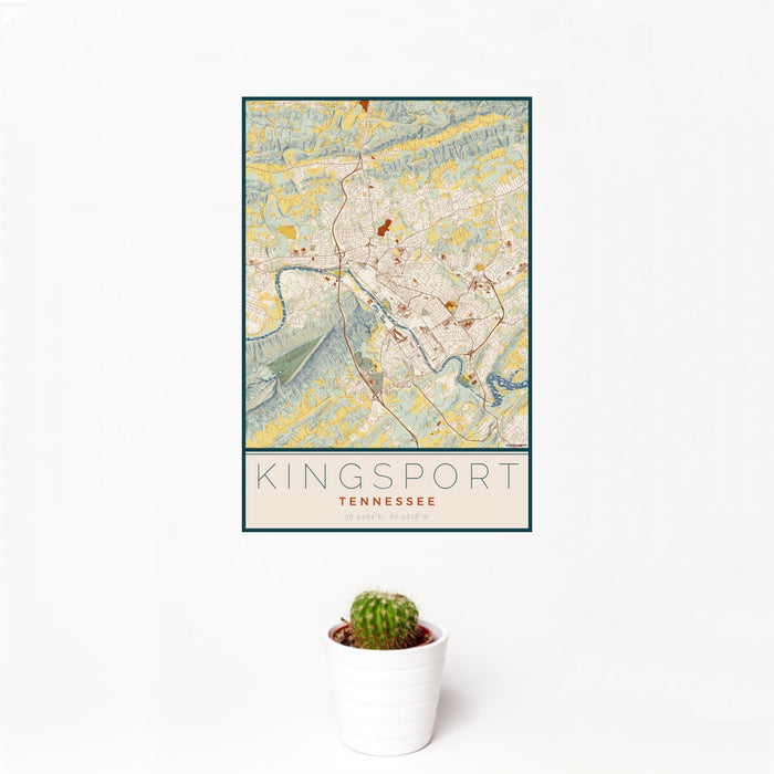 12x18 Kingsport Tennessee Map Print Portrait Orientation in Woodblock Style With Small Cactus Plant in White Planter