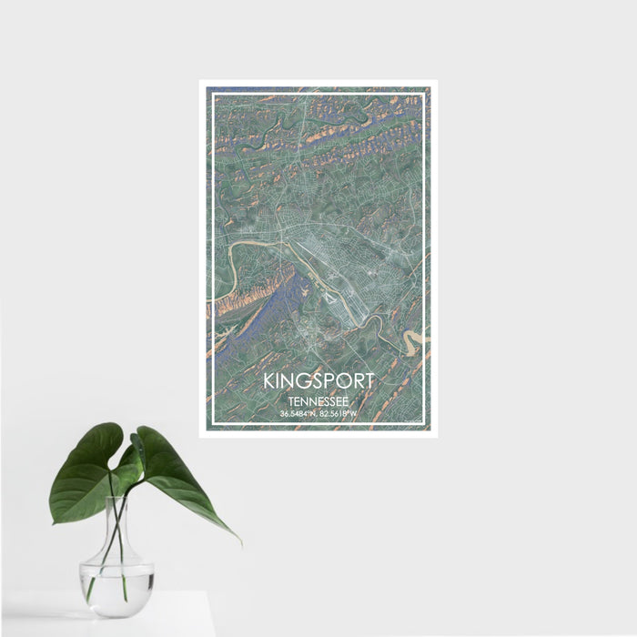 16x24 Kingsport Tennessee Map Print Portrait Orientation in Afternoon Style With Tropical Plant Leaves in Water