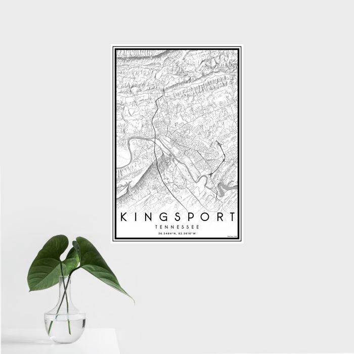 16x24 Kingsport Tennessee Map Print Portrait Orientation in Classic Style With Tropical Plant Leaves in Water