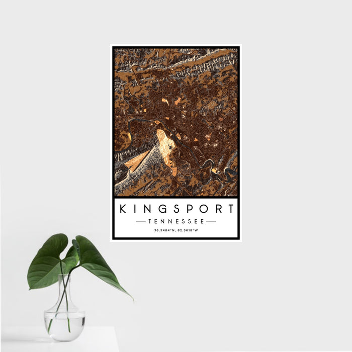 16x24 Kingsport Tennessee Map Print Portrait Orientation in Ember Style With Tropical Plant Leaves in Water