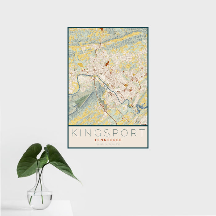16x24 Kingsport Tennessee Map Print Portrait Orientation in Woodblock Style With Tropical Plant Leaves in Water