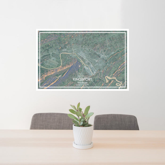 24x36 Kingsport Tennessee Map Print Lanscape Orientation in Afternoon Style Behind 2 Chairs Table and Potted Plant