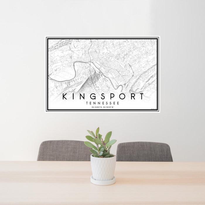 24x36 Kingsport Tennessee Map Print Lanscape Orientation in Classic Style Behind 2 Chairs Table and Potted Plant