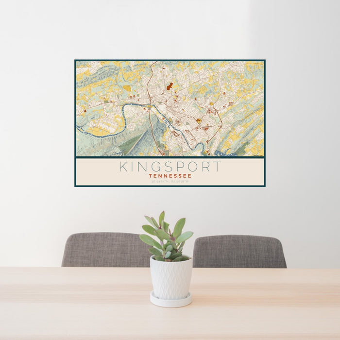 24x36 Kingsport Tennessee Map Print Lanscape Orientation in Woodblock Style Behind 2 Chairs Table and Potted Plant