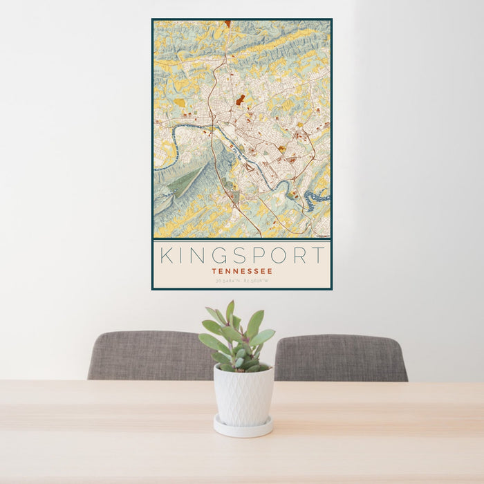24x36 Kingsport Tennessee Map Print Portrait Orientation in Woodblock Style Behind 2 Chairs Table and Potted Plant