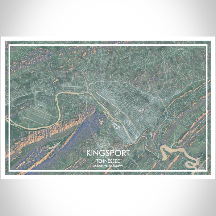 Kingsport Tennessee Map Print Landscape Orientation in Afternoon Style With Shaded Background
