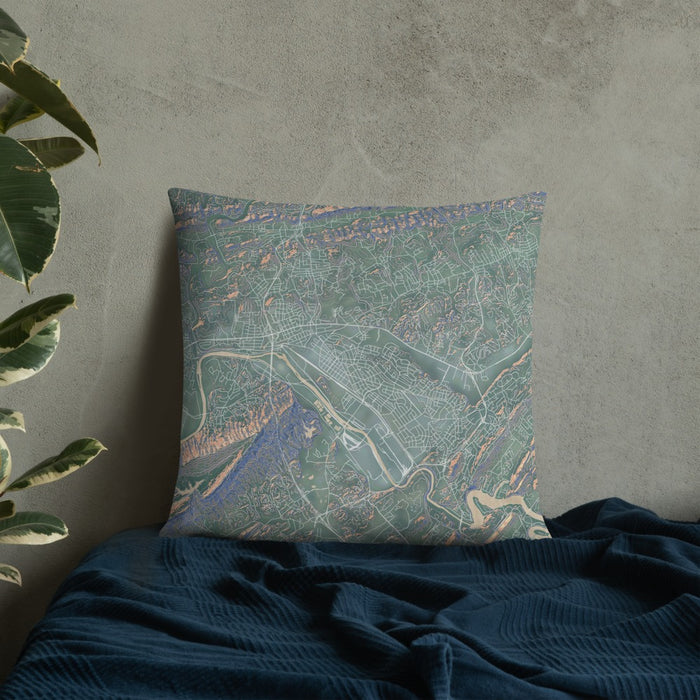 Custom Kingsport Tennessee Map Throw Pillow in Afternoon on Bedding Against Wall