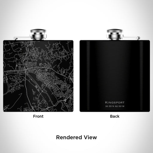 Rendered View of Kingsport Tennessee Map Engraving on 6oz Stainless Steel Flask in Black