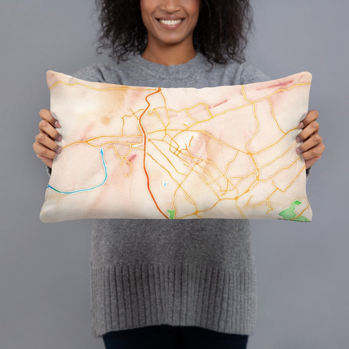 Person holding 20x12 Custom Kingsport Tennessee Map Throw Pillow in Watercolor