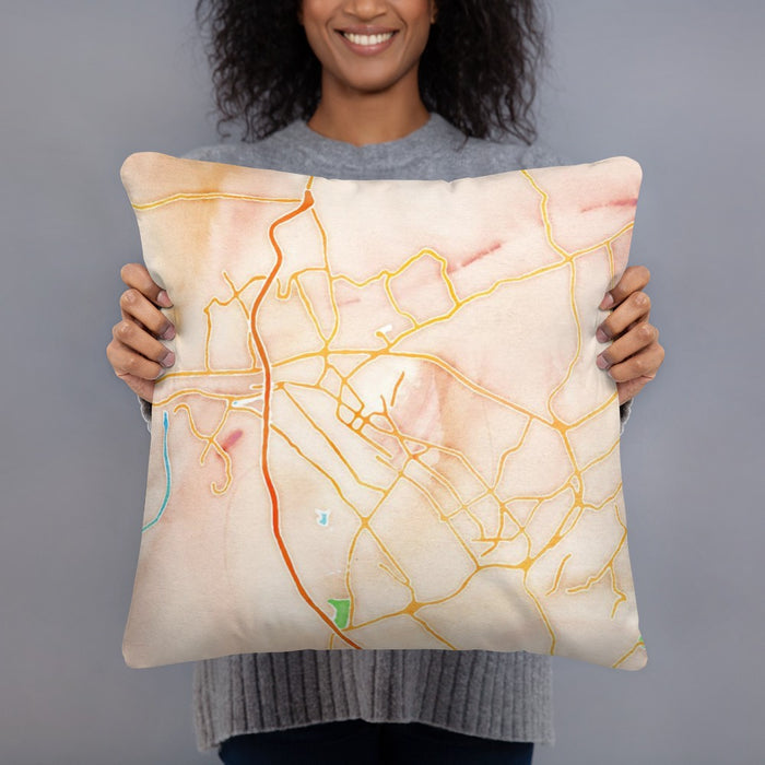 Person holding 18x18 Custom Kingsport Tennessee Map Throw Pillow in Watercolor