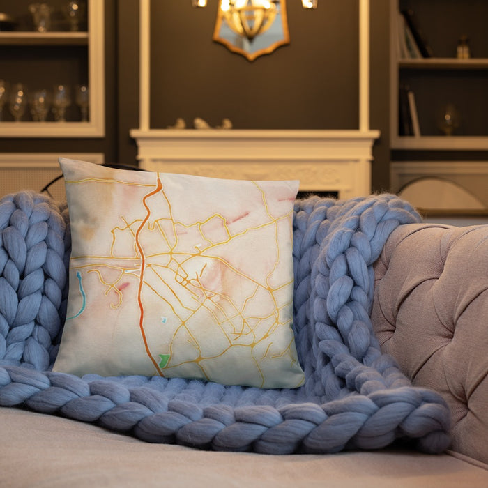 Custom Kingsport Tennessee Map Throw Pillow in Watercolor on Cream Colored Couch