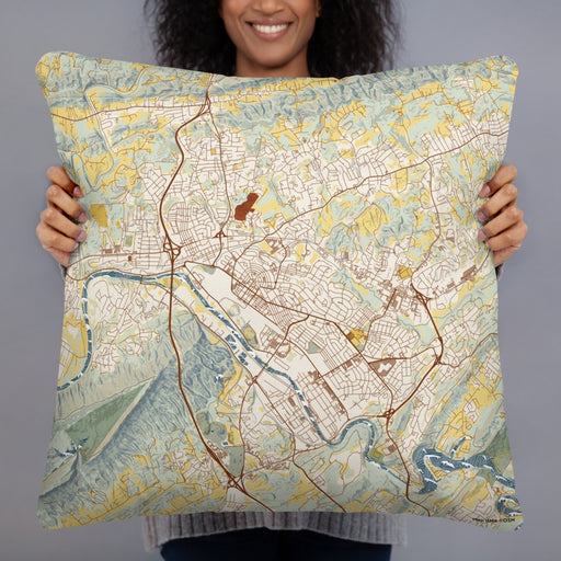 Person holding 22x22 Custom Kingsport Tennessee Map Throw Pillow in Woodblock