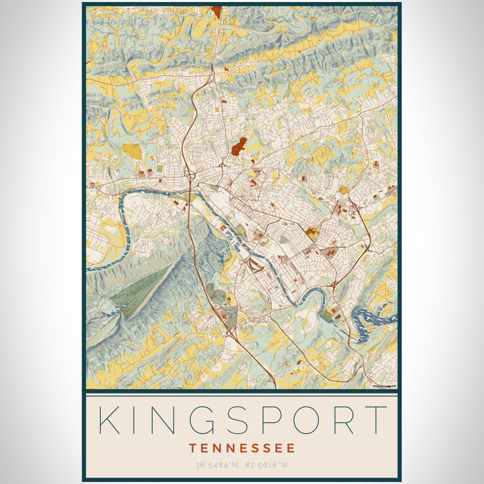 Kingsport Tennessee Map Print Portrait Orientation in Woodblock Style With Shaded Background