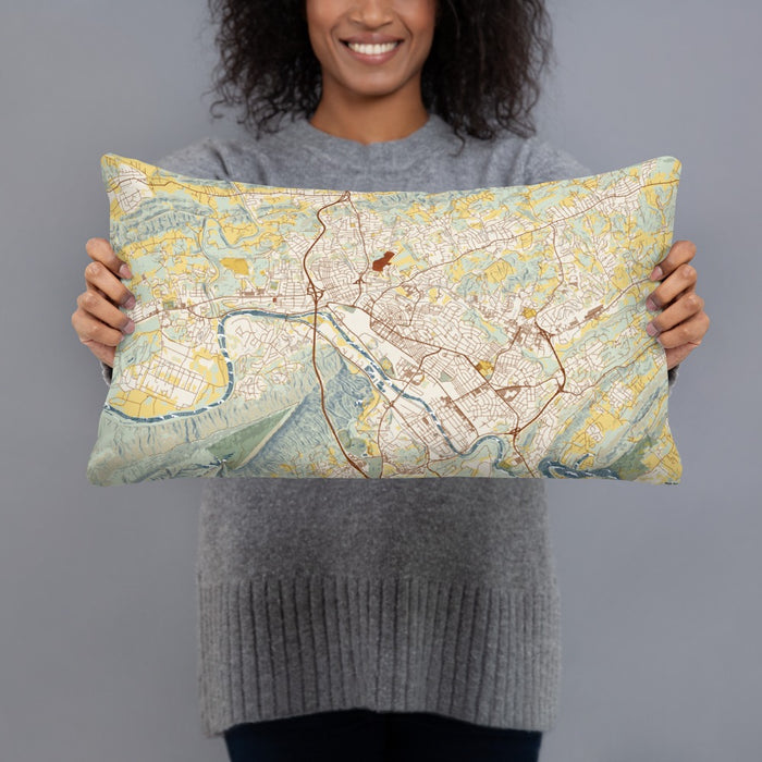 Person holding 20x12 Custom Kingsport Tennessee Map Throw Pillow in Woodblock