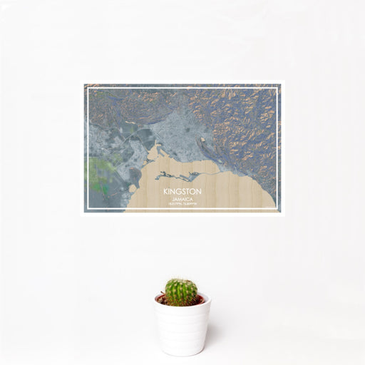 12x18 Kingston Jamaica Map Print Landscape Orientation in Afternoon Style With Small Cactus Plant in White Planter