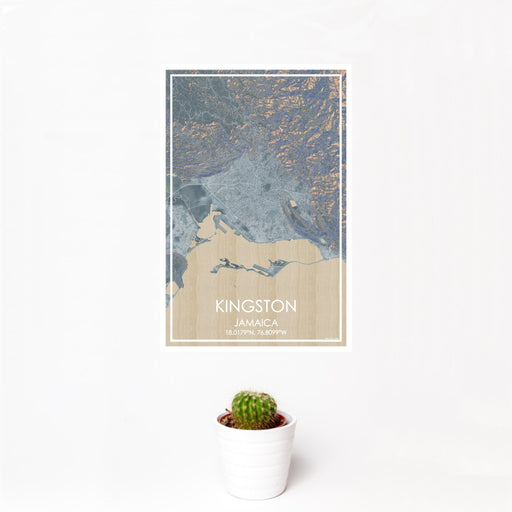 12x18 Kingston Jamaica Map Print Portrait Orientation in Afternoon Style With Small Cactus Plant in White Planter