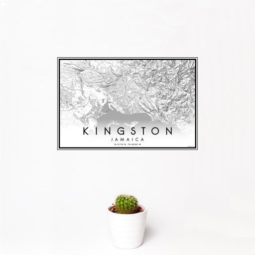12x18 Kingston Jamaica Map Print Landscape Orientation in Classic Style With Small Cactus Plant in White Planter