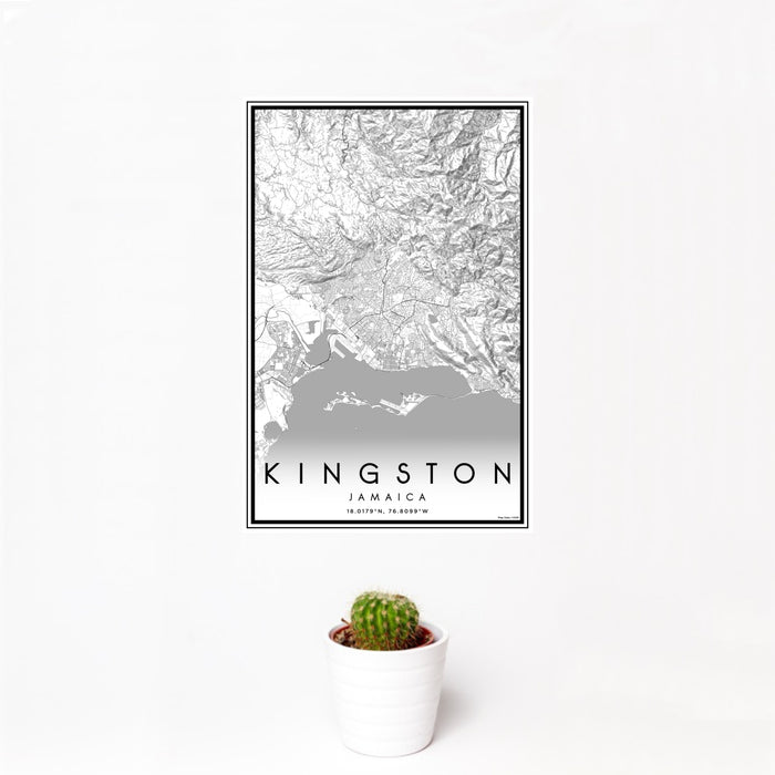12x18 Kingston Jamaica Map Print Portrait Orientation in Classic Style With Small Cactus Plant in White Planter