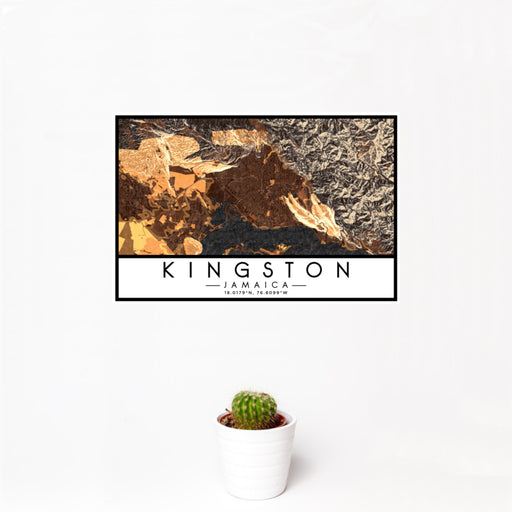 12x18 Kingston Jamaica Map Print Landscape Orientation in Ember Style With Small Cactus Plant in White Planter