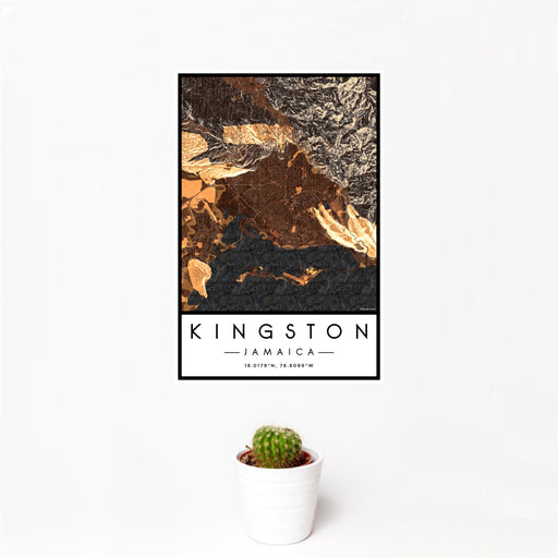 12x18 Kingston Jamaica Map Print Portrait Orientation in Ember Style With Small Cactus Plant in White Planter
