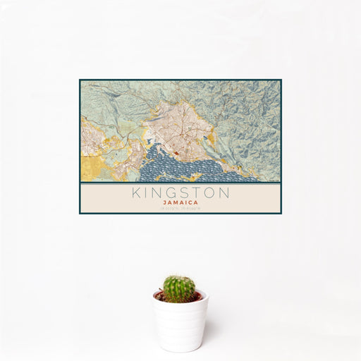 12x18 Kingston Jamaica Map Print Landscape Orientation in Woodblock Style With Small Cactus Plant in White Planter