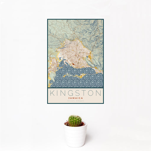 12x18 Kingston Jamaica Map Print Portrait Orientation in Woodblock Style With Small Cactus Plant in White Planter