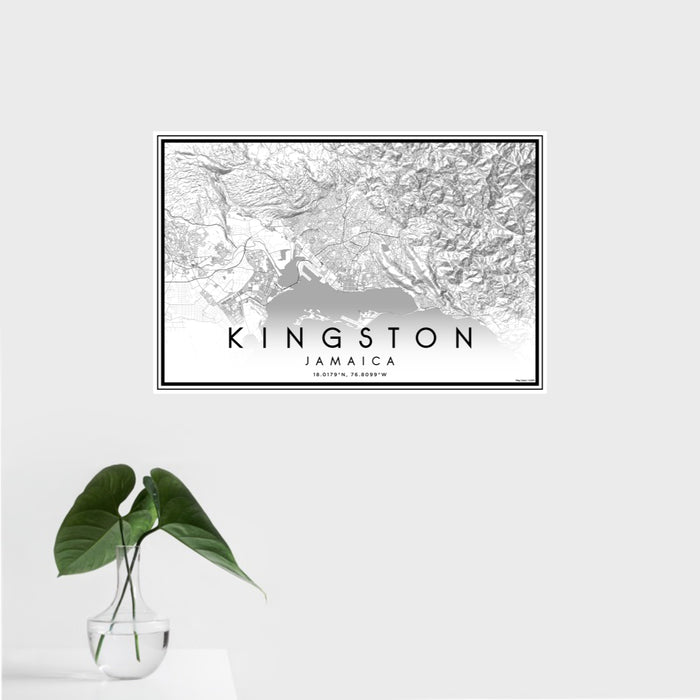 16x24 Kingston Jamaica Map Print Landscape Orientation in Classic Style With Tropical Plant Leaves in Water