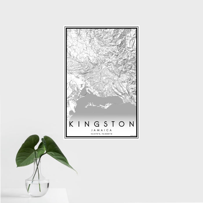 16x24 Kingston Jamaica Map Print Portrait Orientation in Classic Style With Tropical Plant Leaves in Water