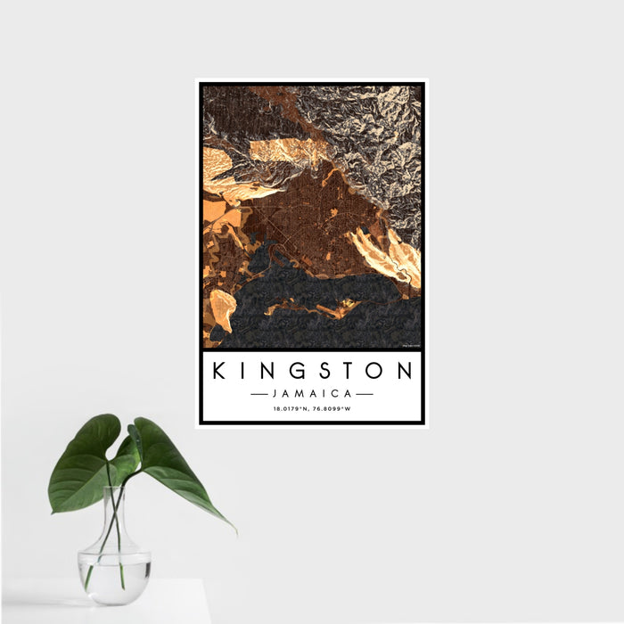 16x24 Kingston Jamaica Map Print Portrait Orientation in Ember Style With Tropical Plant Leaves in Water