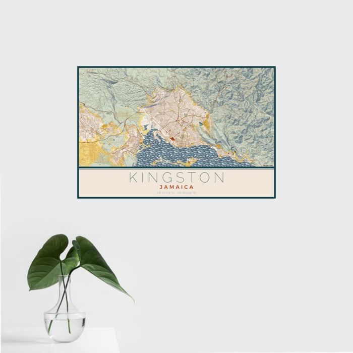 16x24 Kingston Jamaica Map Print Landscape Orientation in Woodblock Style With Tropical Plant Leaves in Water
