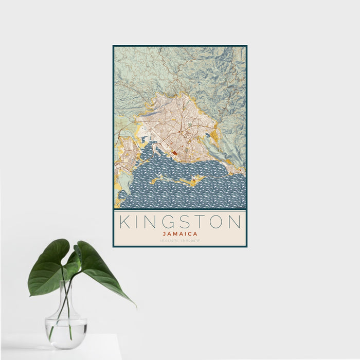 16x24 Kingston Jamaica Map Print Portrait Orientation in Woodblock Style With Tropical Plant Leaves in Water